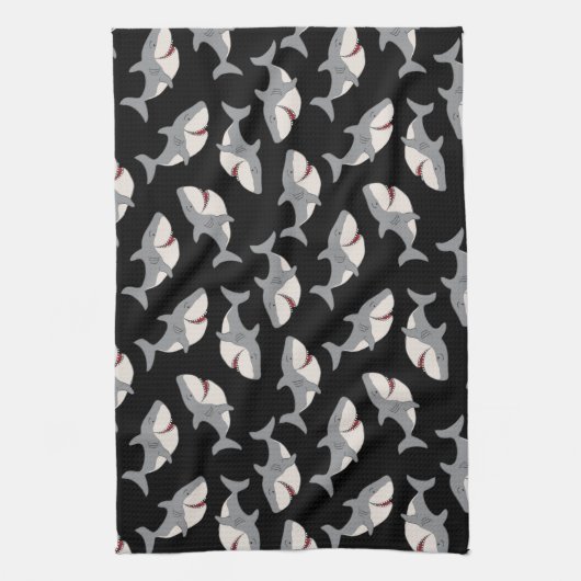 可愛おもしろいい黒灰色素晴らし白サメ キッチンタオル (縦)