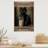 可愛おもしろいい黒猫がミルクを飲む ポスター (キッチン)