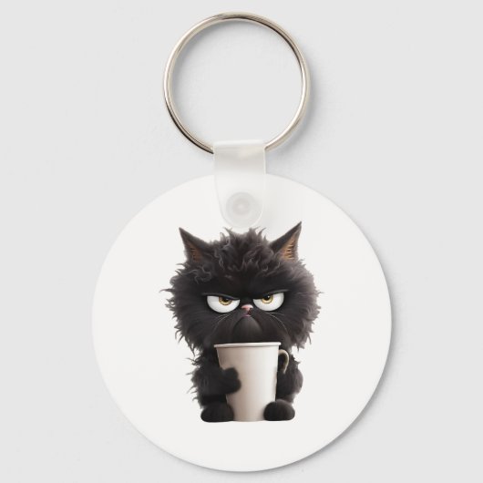 可愛おもしろいい黒猫コーヒ怒ー キーホルダー (正面)