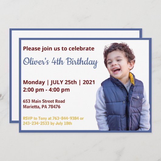 可愛おもしろいい |ボーイズ写真誕生日招待状 招待状 (正面/裏面)