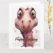 可愛おもしろいくて愛らしいピンクの恐竜誕生日 カード (黄色い花)