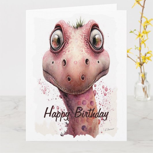 可愛おもしろいくて愛らしいピンクの恐竜誕生日 カード (黄色い花)