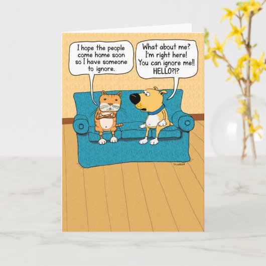 可愛おもしろいくて猫を無視した犬誕生日 カード (黄色い花)