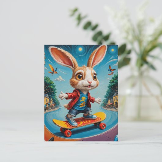 可愛おもしろいらしいスケートボードウサギ ポストカード (スタンド正面)