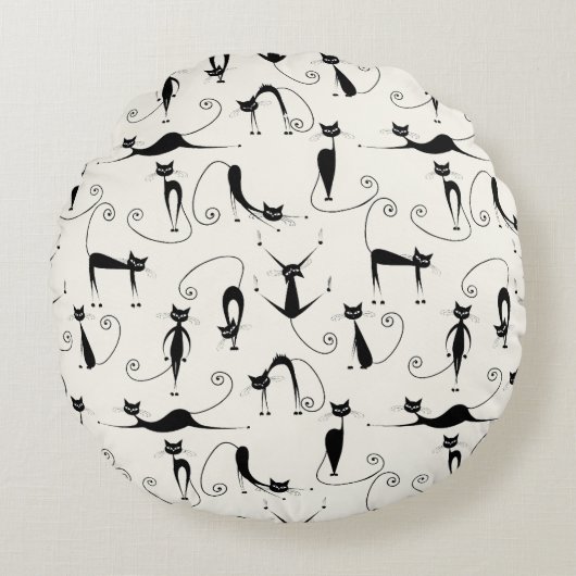 可愛お洒落いよくはしゃぐシロ猫 ラウンドクッション (正面)