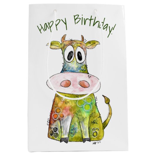 可愛お洒落いカラフル牛 ミディアムペーパーバッグ (正面)