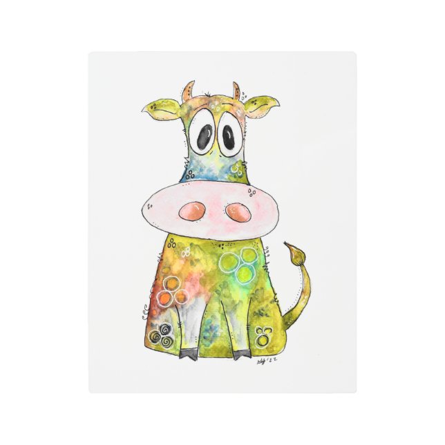 可愛お洒落いカラフル牛 メタルプリント (正面)