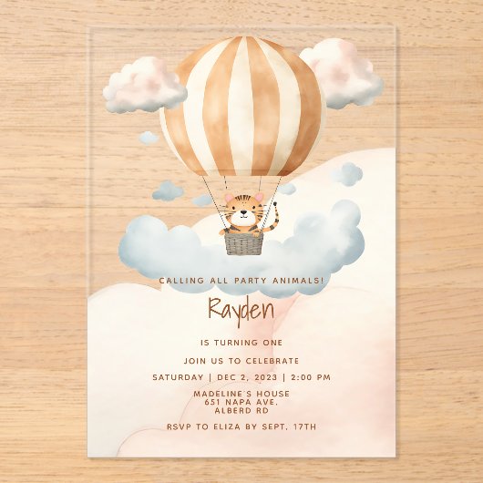 可愛お洒落いタイガー熱気球1st誕生日 アクリル招待状 (正面)