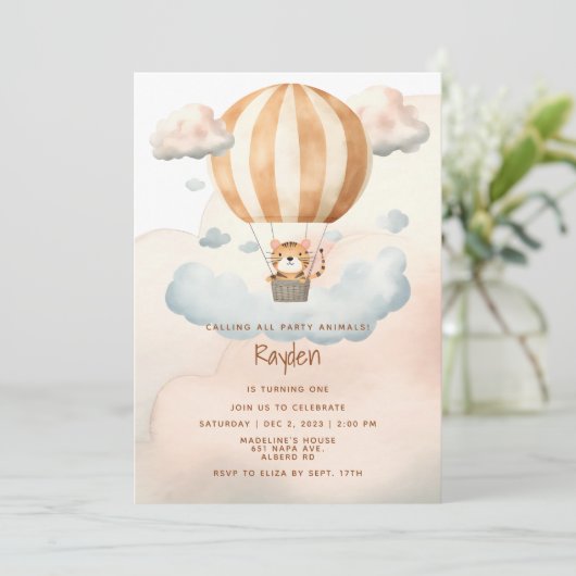 可愛お洒落いタイガー熱気球1st誕生日 招待状 (スタンド正面)