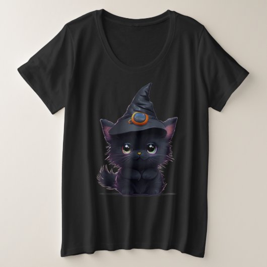 可愛お洒落いハロウィン黒猫 プラスサイズTシャツ (デザイン正面)