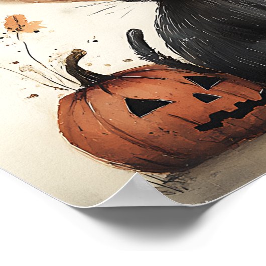 可愛お洒落いハロウィーン妖精&猫ファンタジーアート ポスター (角)