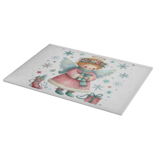 可愛お洒落いピンクとブルーのクリスマスエンジェル カッティングボード (角)