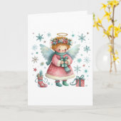 可愛お洒落いピンクとブルーのクリスマスエンジェル カード (黄色い花)