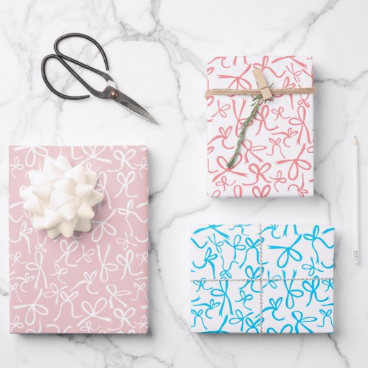 可愛お洒落いピンクのブルー弓パタガーリーーン ラッピングペーパーシート (正面)