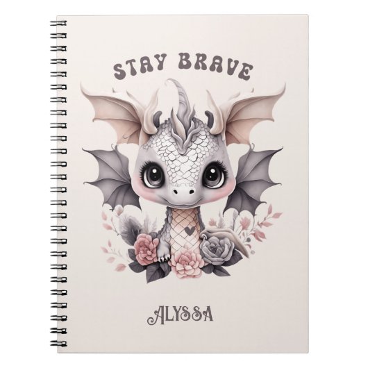 可愛お洒落いピンク「Stay Brave」リトルドラゴン ノートブック (正面)