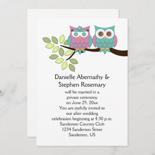 可愛お洒落いフクロウ結婚ズのお祝い 招待状 (正面/裏面)