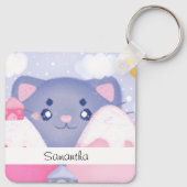 可愛お洒落い太陽に照らされた猫と冬の山 キーホルダー (裏面)