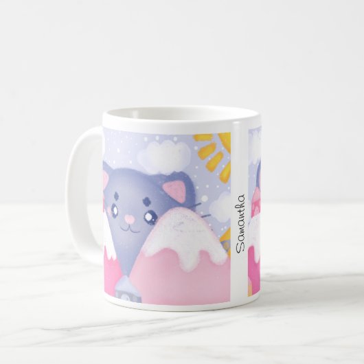 可愛お洒落い太陽に照らされた猫と冬の山 コーヒーマグカップ (正面左)