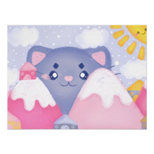 可愛お洒落い太陽に照らされた猫と冬の山 ポスター (正面)