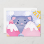 可愛お洒落い太陽に照らされた猫と冬の山 ポストカード (正面/裏面)