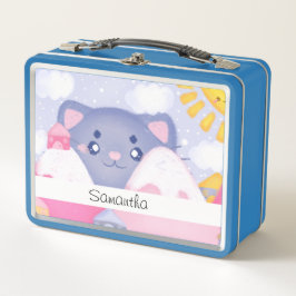 可愛お洒落い太陽に照らされた猫と冬の山 メタルランチボックス