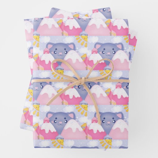 可愛お洒落い太陽に照らされた猫と冬の山 ラッピングペーパーシート (インサイチュ)