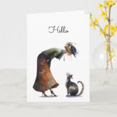 可愛お洒落い猫と女性の挨拶 カード (黄色い花)