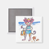 可愛お洒落い猫のビーチ マグネット (正面/裏面)