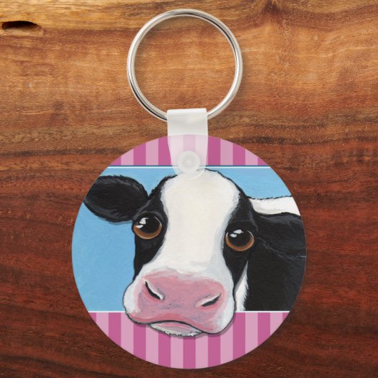 可愛お洒落い白黒の牛とピンクストライプ色 キーホルダー (正面)