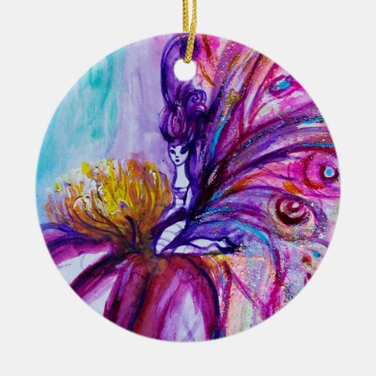 可愛お洒落い花の妖精ピンク、金ゴールドのキラキラ セラミックオーナメント (正面)