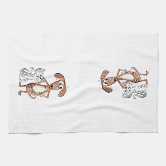 可愛お洒落い茶色の犬と灰色の猫 キッチンタオル (横)