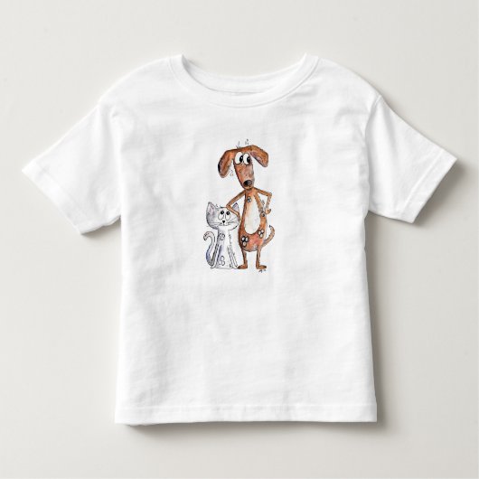 可愛お洒落い茶色の犬と灰色の猫 トドラーTシャツ (正面)