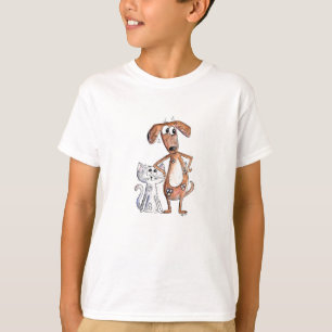 可愛お洒落い茶色の犬と灰色の猫 Tシャツ