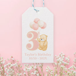 可愛お洒落い誕生日3歳ピンクベア名 ギフトタグ