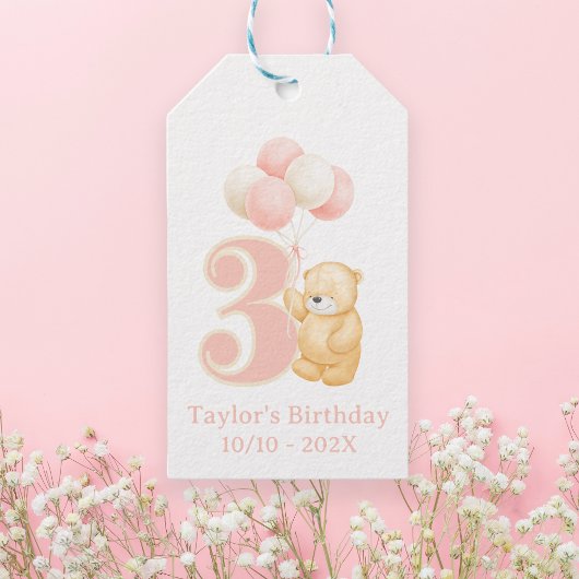 可愛お洒落い誕生日3歳ピンクベア名 ギフトタグ