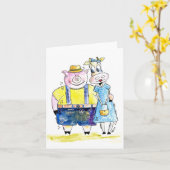可愛お洒落い豚と牛 カード (黄色い花)