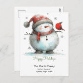 可愛お洒落い雪だるまとレッドバードハッピーホリデー ポストカード (正面/裏面)