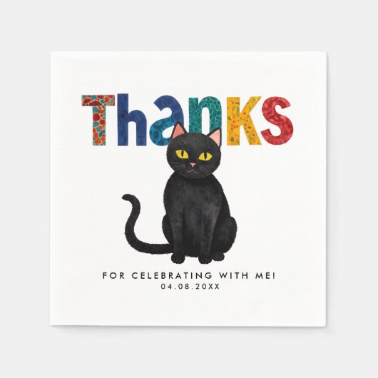 可愛お洒落い黒猫カラフル感謝してい型はっきりした型 スタンダードカクテルナプキン (正面)