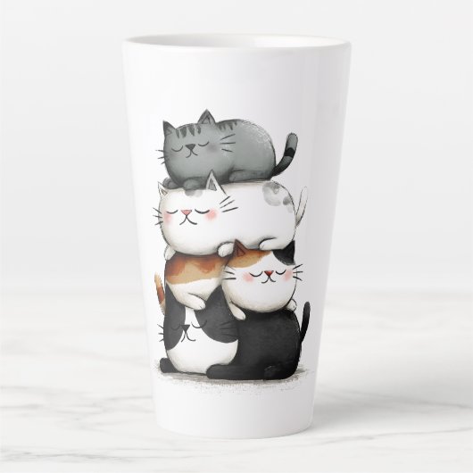 可愛お洒落らしい猫の積み重ねのイラストレーション カフェラテマグ (正面)