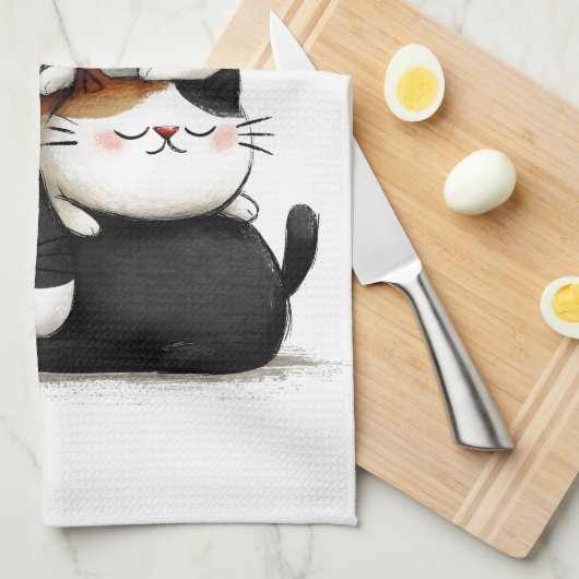 可愛お洒落らしい猫の積み重ねのイラストレーション キッチンタオル (四つ折り)