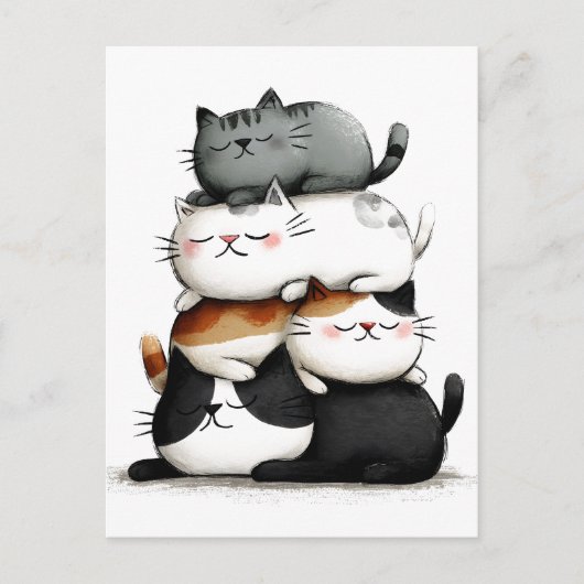 可愛お洒落らしい猫の積み重ねのイラストレーション ポストカード (正面)