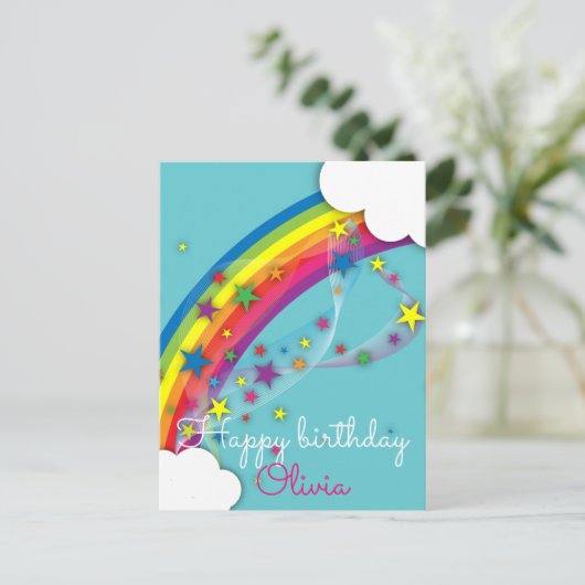 可愛かわいらしいガーリー虹の星空の雲と名前 ポストカード (スタンド正面)
