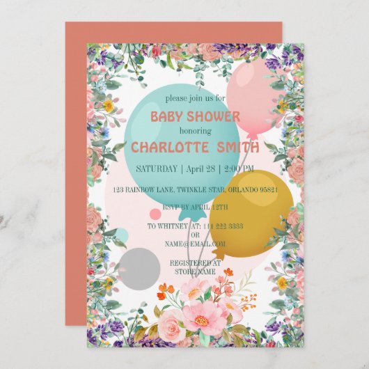 可愛かわいらしいバルーンウォーターカラーフローラベビーシャワー 招待状 (正面/裏面)