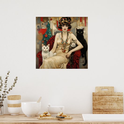 可愛かわいらしい猫を飼ったヴィンテージの女性 ポスター (キッチン)