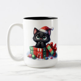 可愛くておもしろい黒いクリスマス子猫 ツートーンマグカップ