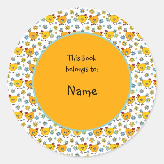 可愛くてカラフルなチキンと花 ラウンドシール (正面)