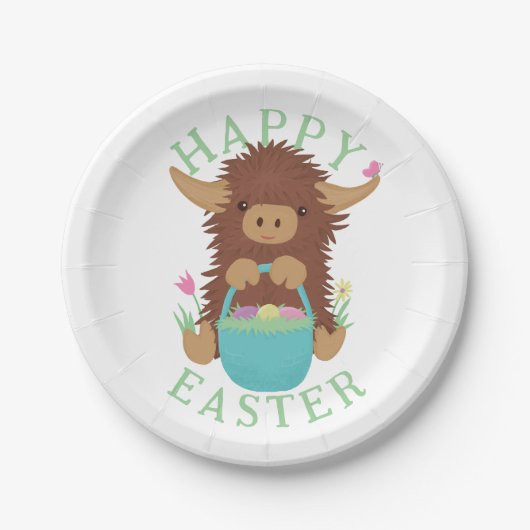 可愛くてシャギーなハイランド牛イースターバスケットデザイン ペーパープレート (正面)