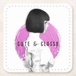 可愛くて上品な女の子ピンクとブラック スクエアペーパーコースター