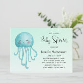 可愛くて幸せな青緑色クラゲ赤ちゃんシャワー 招待状 (スタンド正面)