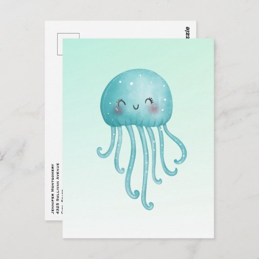 可愛くて幸せな青緑色クラゲ ポストカード (正面/裏面)